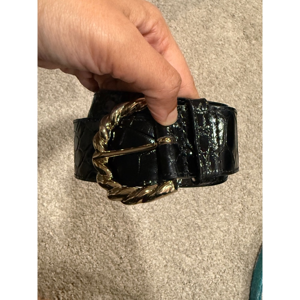 & Other Stories Black Croc Embossed Patent Leather Wide Belt Buckle XS Italy‎